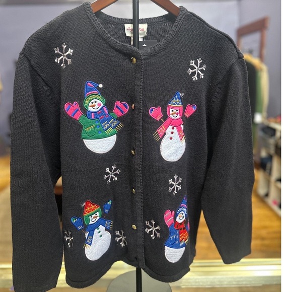Crystal Kobe Sweaters - Crystal Kobe Black Snowman Christmas‎ Sweater Cardigan cotton colorful Women L